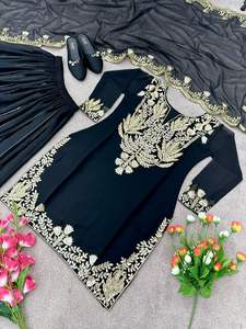 Tela de Georgette bordada india, conjunto de 3 piezas, diseñador pakistaní, Ropa Étnica, diseño cosido listo para usar Sharara Gharara Kurti - Product Image 5