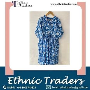 ชุดเดรสผ้าฝ้าย100% พิมพ์ลายสวยงามสไตล์หวานพร้อมรอบเอวธรรมชาติส่งตรงจากผู้จำหน่ายอินเดีย - Product Image 6