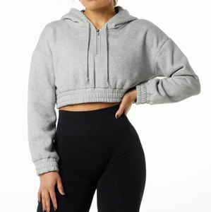 Estilo de las mujeres de manga larga cuello Crop Top Sudadera con capucha pulóver sudadera logotipo personalizado bordado moda señoras abrigos en blanco - Product Image 1