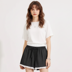 Wholesale Women's High Ribbed Knit <b>Lace</b> Trim <b>Elastic</b> Shorts Breathable Quick Dry Spandex/Polyester Cozy Lightweight Lounge - Product Image 1