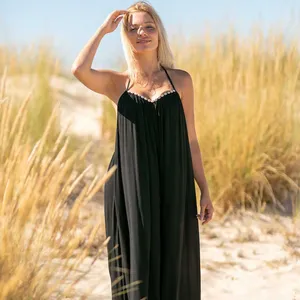 Nueva llegada vacaciones negro largo sin mangas Maxi vestido Boho playa Hippie verano negro algodón vestido