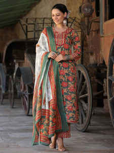 Ensemble Kurta Droit Traditionnel en Coton Imprimé Vert Orange à Motifs Floraux avec Col Cranté et Dupatta pour Femme – Idéal pour les Fêtes - Product Image 3