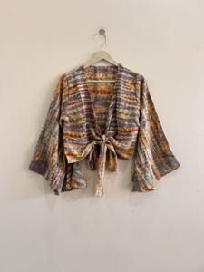 Top de Seda Crepé con Estampado Tie-Dye y Manga Campana con Cuello en V para Mujer, Estilo Hippie Retro, Ropa de Playa, Atuendo Vacacional - Product Image 4