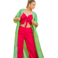 Ensemble coordonné 3 pièces vert tissé simple et formel avec veste Leheriya, haut rose fuchsia à nouer sur le devant et pantalon, pour femme/fille, grande taille, 100% coton