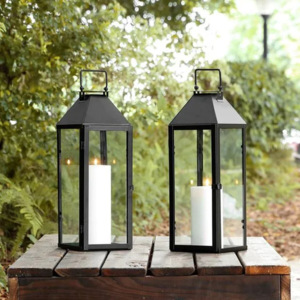 Modern Black Metal and Glass Indoor/Outdoor Wedding <b>Lantern</b> Christmas Decorative <b>Candle</b> and Pillar <b>Holder</b> for Home Garden - Product Image 1