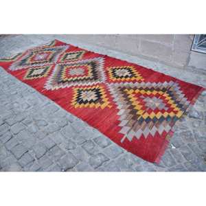 Vintage Turkish Kilim <b>Red</b> Rug 4.8x11.2ft Large Area Wool <b>Latex</b> Backing Patchwork for Teens 10mm 9x12 Rectangle Hallway Room Rug - Product Image 3