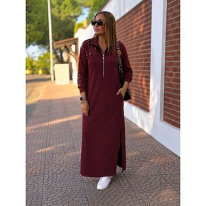 Robe longue en viscose à manches longues avec fermeture éclair et détails en paillettes, 37713 - Bourgogne - Product Image 1