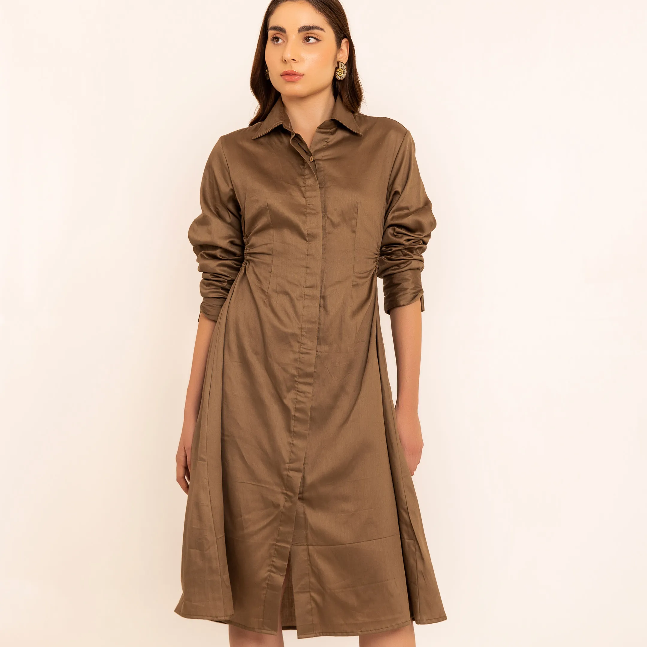 Smoky Olive Áo sơ mi Midi Dress với Side eo cắt giảm của phụ nữ ăn mặc bộ mùa hè cho phụ nữ & cô gái từ người bán với giá bán buôn