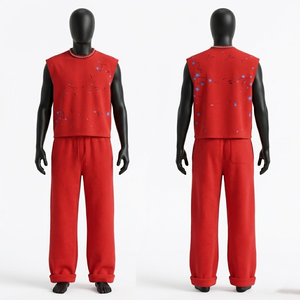 Ensemble haut et pantalon sans manches en molleton bouclette 320 GSM délavé avec impression en relief et logo personnalisé pour femme - Product Image 2