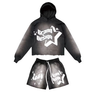 Customized <b>Hoodie</b> <b>and</b> <b>Shorts</b> <b>Set</b> New 2025 Cropped Hoodies <b>and</b> <b>Shorts</b> <b>Set</b> Acid Washed Sweat Suit for Ladies With Distress Bottom - Product Image 2