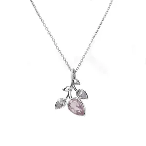 Collier avec pendentif en forme de feuille de quartz rose plaqué rhodium fait à la main pour femmes - Cadeau - Product Image 3