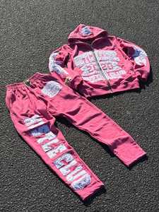 Custom <b>Winter</b> Hooded Vintage Acid Wash Stacked Flare Sweat Suits Unisex 100% Cotton Jogger Pants Distressed 2Piece Set - Product Image 2