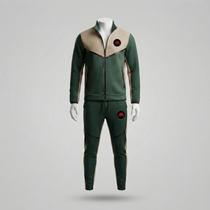 Ensemble de survêtement vert foncé pour homme – Veste athlétique zippée intégrale avec empiècements beiges et pantalon de jogging – Tenue de sport pour entraînement, gym et fitness - Product Image 1