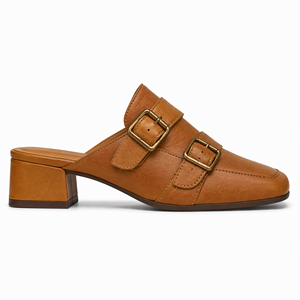 Mules de Cuero Genuino para Mujer, Punta Cerrada, Doble Hebilla, Tacón Bajo, Estilo Casual para Oficina - Product Image 2