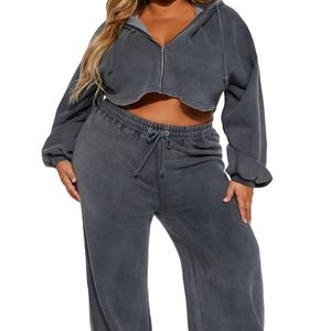 Comprar al por mayor 2025 conjuntos de chándal de moda de las mujeres lavado ácido sol se desvaneció crop cremallera chaqueta con capucha y pantalones de chándal holgados para las mujeres - Product Image 1