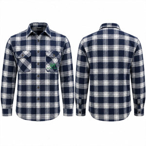 เสื้อเชิ้ตทำงานแขนยาวลายสก็อตสีขาวกรมท่าสำหรับผู้ชาย ผ้าฝ้ายใส่สบาย พิมพ์ลายโลโก้ด้านหน้า - Product Image 1