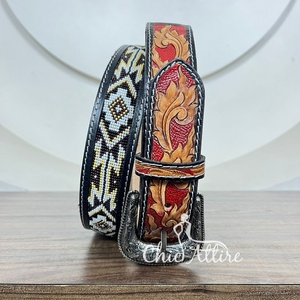 Nuevo bajo MOQ fábrica OEM ODM moda mano Tooled cuero con cuentas cinturones para hombres y mujeres cuero de vaca Real aleación Pin hebilla cinturones - Product Image 1