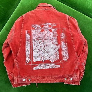 Veste en jean rose délavé à l'acide veste en jean imprimée à fermeture éclair vintage pour hommes avec logo personnalisé - Product Image 2