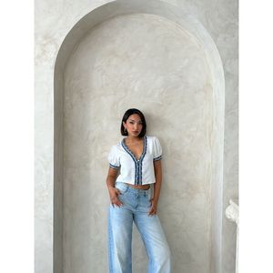 TOPSHOW Women's Cream Linen <b>Jacket</b> with <b>Denim</b> Details - Stylish Casual Outerwear for Spring and Autumn - Product Image 2
