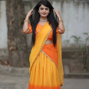 El último elegante color amarillo suave Georgette Lehenga Choli con Dupatta Rich Foil Work - Product Image 1