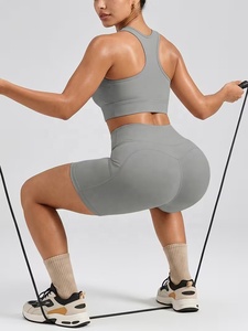 Wholesale Grey Gym OEM Yoga & Fitness Yoga Set High Waisted Shorts Racerback Sports Bra Seamless Pockets Four-Way Stretch - Product Image 4