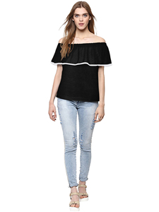 Camiseta cómoda, Tops negros de punto a la moda para mujer, Tops cortos formales de desgaste regular de Indian Boutique, lo último exclusivo - Product Image 4