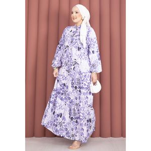 Vestido Morado de Ganchillo Transpirable con Patrón de Gotas y Media Abotonadura, Estilo Casual de Moda, Corte Imperio, Talla Única 2XL 3XL para el Día a Día, Cuello Mandarín - Product Image 3