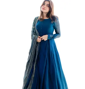 Readymade Anarkali Kleid & Dupatta Set, Blue Faux Georgette mit Stickerei Arbeit Full Stitching Party Outfit für Frauen