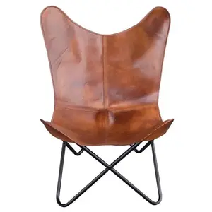 Genuine Leather Butterfly Leisure <b>Chair</b> Set Rustic Iron Stand Comfortable Foldable Design <b>for</b> Home Bedroom Outdoor Living Room - Product Image 1
