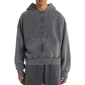 Sweat à capuche mélangé de luxe 450g en coton épais Street Wear graphique DTG Logo Boxy recadrée délavé à l'acide Zip brodé - Product Image 4