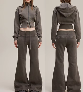 400gsm Heavy <b>Weight</b> Truck Suit Custom logo Cotton Fleece Crop Zip Hoodie and Flare Sweatpants <b>Women's</b> Winter 2-Piece <b>Sets</b> - Product Image 1