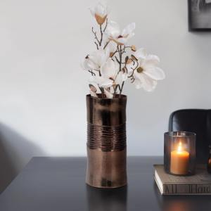 Decorative Copper Finish Square Aluminum Flower Vase Textured Handcrafted Dishwasher Safe Vessel for <b>Kitchen</b> <b>Table</b> Centerpiece - Product Image 4