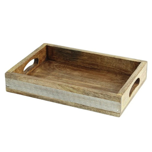 Ensemble de 2 plateaux de service ronds en bois de manguier faits à la main, finition naturelle, plateaux en bois avec poignées pour la table de cuisine et la décoration de la maison - Product Image 3