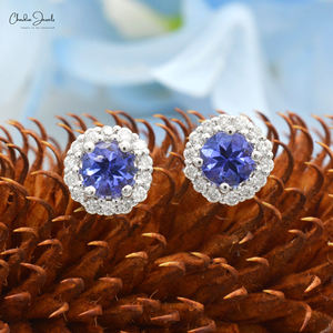 14K กระดุมทองสีขาว4มม. ต่างหูเพชร Tanzanite ธรรมชาติชุดง่ามอัญมณีสำหรับงานแต่งงานงานหมั้น - Product Image 4