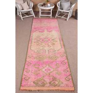 3.2x10.2 ft Vintage Turkish <b>Rug</b>, <b>Runner</b> <b>Rug</b>, Pink Herki Striped <b>Rug</b> - Product Image 1