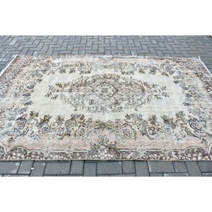 Turkish Vintage Rug, 5.4x9.1 ft Large Rug, <b>Brown</b> White Solid <b>Wool</b> Rug - Product Image 3