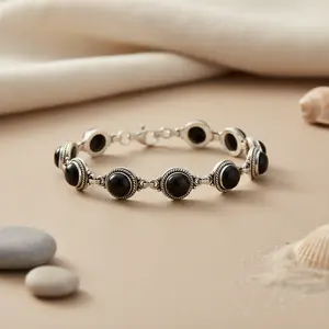 925 <b>Silver</b> Onyx Beaded <b>Charm</b> <b>Bracelet</b> for Women with Gold Plating Garnet Statement Jewelry - Product Image 2