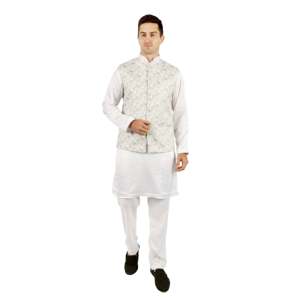 Ensemble de cérémonie indien traditionnel TRILOKI Ikkat 3-en-1 haut de gamme en coton 100% lavable, comprenant Kurta, Pyjama et Gilet à manches longues - Product Image 4