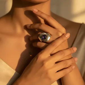 925 <b>Silver</b> Iolite Women's Wedding <b>Ring</b> Resizable Ethnic Jewelry with Bezel Setting and Brass Gemstone Inlay - Product Image 1