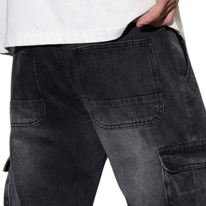 Pantalon slim en denim noir uni pour homme, taille mi-haute, délavage enzymatique, en coton/élasthanne, respirant, séchage rapide, décontracté, multi-poches - Product Image 4