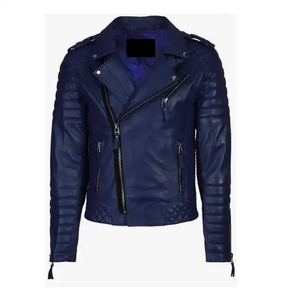 Chaqueta de Motocicleta de Cuero para Hombre de Alta Calidad, Azul, con Cuello Alto, Diseño Elegante y Urbano, Resistente al Viento, Transpirable, con Detalle Frontal - Product Image 2