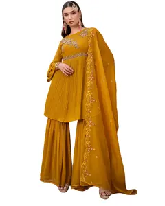 Pakaian tradisional India kualitas baik Georgette bordir kerja Salwar Gharara dengan Dupatta Wanita suit salwar