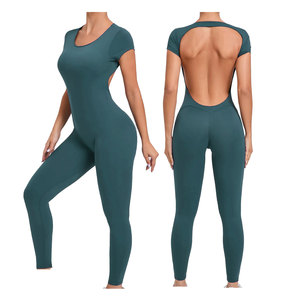 Body deportivo con logotipo personalizado, pantalones de manga corta, monos de entrenamiento con agujeros en la espalda, mono de una pieza para gimnasio, Fitness, Yoga, para mujer - Product Image 4