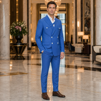 Jas Pria Biru Royal Double Breasted Peak Lapel Enam Kancing Houndstooth Chest Tab Slim Fit untuk Bisnis dan Pernikahan Custom