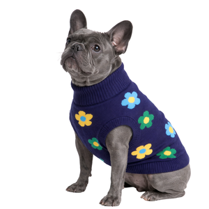 Suéter de punto para perro con diseño floral, azul, verde, amarillo, cálido para invierno, jersey suave de punto para mascotas, ropa cómoda para perros - Product Image 3