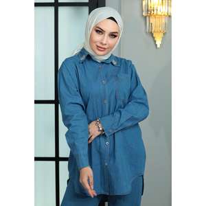 Ensemble 2 pièces en jean clouté bleu clair MSW19183-1 – Tenue décontractée d'été : Haut long à col rond et short midi longueur genou 100 % polyester - Product Image 2