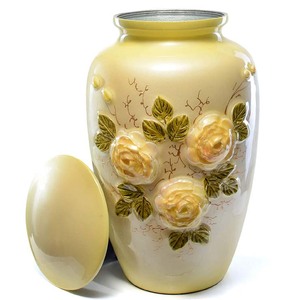 Urnes de crémation en aluminium avec des fleurs en relief, des urnes funérailles en métal blanc avec des œuvres d'art en relief - Product Image 1