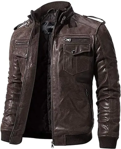 Chaqueta informal de piel de vaca con cremallera para hombre, estilo de calle alta con cuello levantado, ropa de invierno para exteriores, gran oferta, recién llegado - Product Image 1