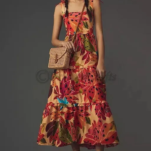 ग्रीष्मकालीन पोशाकें थोक मुद्रित फार्म रियो स्लीवलेस टियर मैक्सी ड्रेस तरबूज मुद्रित सूती लंबी मैक्सी कैजुअल ड्रेस