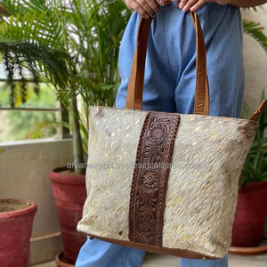 กระเป๋าโท้ทหนังฟอกมือสำหรับผู้หญิง, กระเป๋าถือหนังวัวโลหะกระเป๋าสะพายไหล่หนังแท้ - Product Image 3